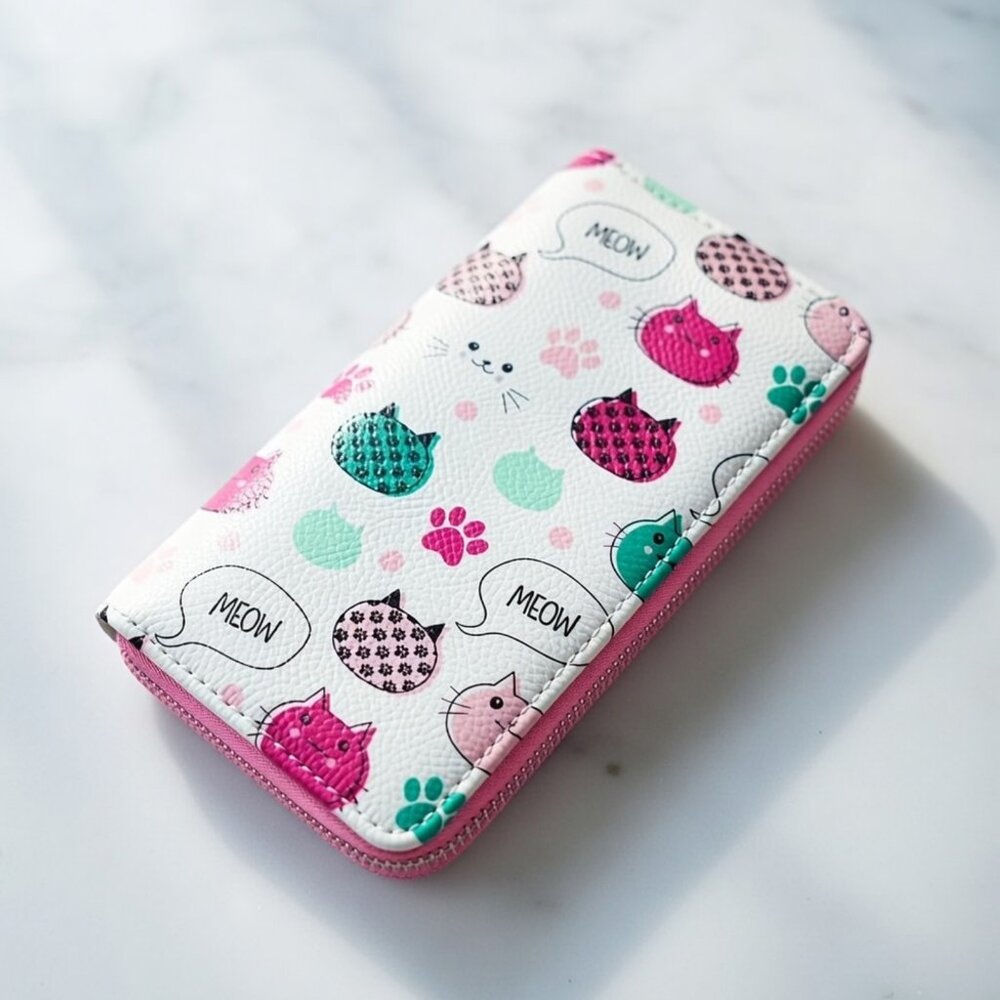 Kawaii Cat Print Zip Around Wallet Organizer Pink Teal Meow Kitten Paw Print